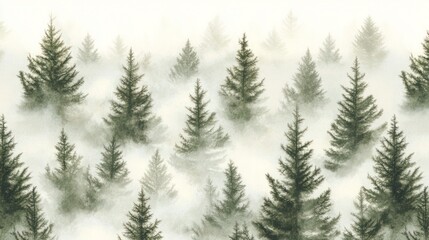 Poster - A beautifully designed seamless pattern featuring a foggy spruce forest, with fir trees scattered throughout the image