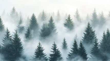 Poster - A beautifully designed seamless pattern featuring a foggy spruce forest, with fir trees scattered throughout the image