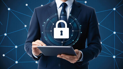 Poster - Professional Man Using Tablet With Digital Padlock Icon Representing Cybersecurity and Data Protection