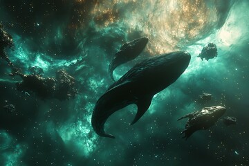 Wall Mural - ethereal scene of whales swimming through a cosmic backdrop filled with stars and nebulae.