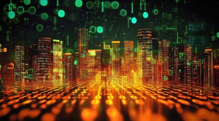 Poster - Futuristic digital city skyline at night with binary code.