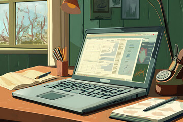 Poster - A workspace with a laptop, books, and a view of nature, suggesting productivity and analysis.