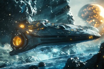 Wall Mural - a futuristic spaceship navigating through a cosmic landscape with celestial bodies.