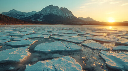 Wall Mural - A serene mountain lake frozen under a thick layer of cracked ice reflecting blue hues with rugged peaks in the distance symbolizing resilience isolation and the intricate beauty of nature's patterns