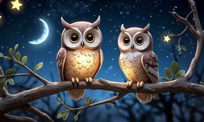 two owls sitting on a branch in the dark