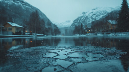 Wall Mural - serene mountain lake frozen under a thick layer of cracked ice reflecting blue hues with rugged peaks in the distance symbolizing resilience isolation and the intricate beauty of nature's patterns