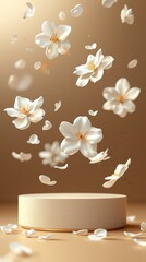 Poster - Floating petals dance gracefully around a smooth beige podium, creating a tranquil environment adorned with pristine white blossoms. The scene evokes a feeling of calm and beauty