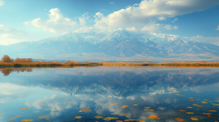 Majestic winter landscape of snow-covered mountains reflected in a tranquil lake surrounded by frosty trees serene atmosphere evoking peace solitude natural beauty and the timeless power of nature