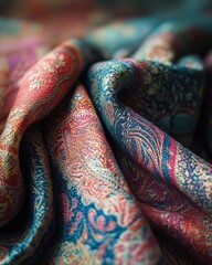 Poster - Close-up of vibrant fabric shows intricate patterns, soft folds, and warm, cozy ambiance.