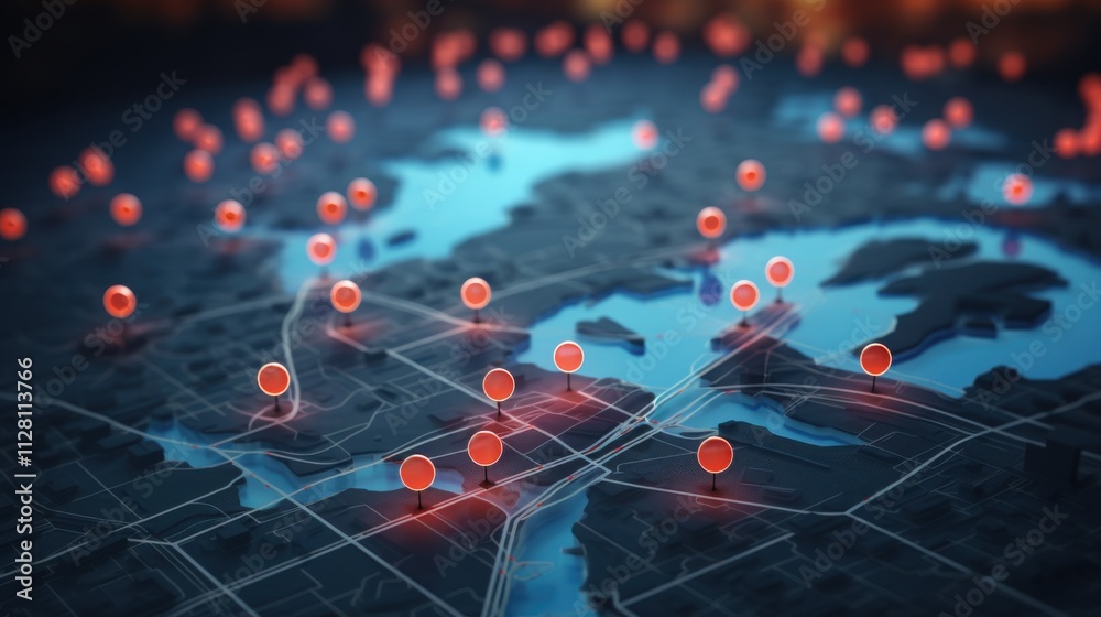 3D render of a global map with geo-location pins, each featuring a ...