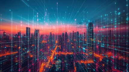 Poster - Futuristic city skyline, digital lights, sunset colors, vibrant neon hues, technological landscape, urban design, high tech architecture, glowing skyscrapers, colorful atmosphere, modern cityscape, 8k