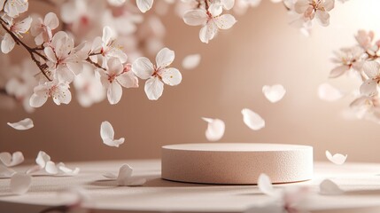 Poster - Cherry blossoms gently float around a minimalistic platform in soft hues. This serene setting evokes a sense of tranquility, perfect for showcasing elegant products or art, Mocha Mousse 