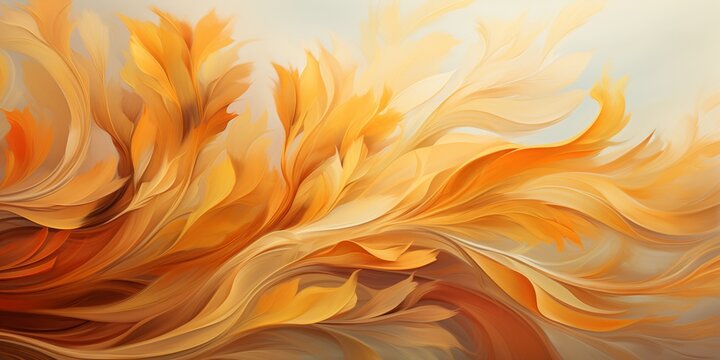 Abstract digital artwork featuring a swirling composition of vibrant, feather-like shapes in warm hues of orange, yellow, and gold. The design is fluid and dynamic, with a sense of movement and energy