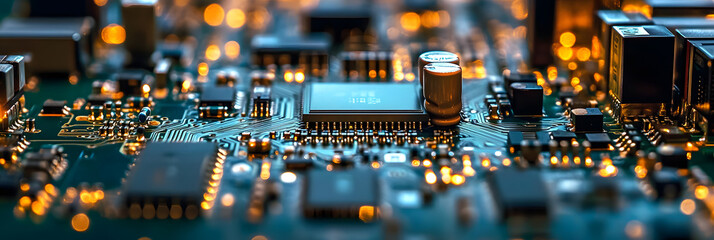 Poster - a circuit board manufacturing line with machines precisely placing and soldering tiny electronic com