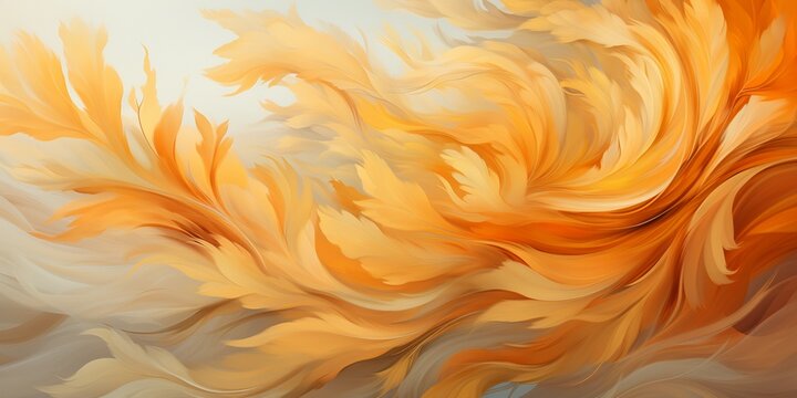 Abstract digital artwork featuring a swirling composition of vibrant, feather-like shapes in warm hues of orange, yellow, and gold. The design is fluid and dynamic, with a sense of movement and energy