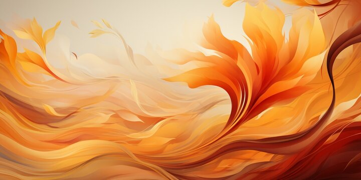Abstract digital artwork featuring a swirling composition of vibrant, feather-like shapes in warm hues of orange, yellow, and gold. The design is fluid and dynamic, with a sense of movement and energy