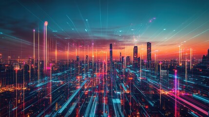 Poster - Futuristic city skyline, digital lights, sunset colors, vibrant neon hues, technological landscape, urban design, high tech architecture, glowing skyscrapers, colorful atmosphere, modern cityscape, 8k