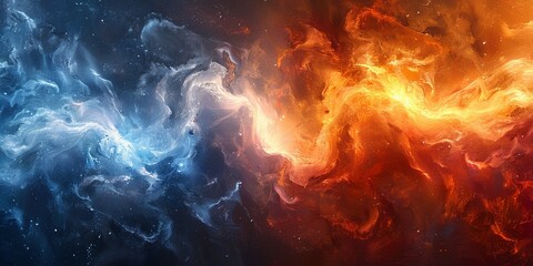 Poster - Dynamic Abstract Digital Artwork with Swirling Blue and Orange Colors, Cosmic Energy and Fluid Movement