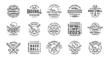 labels set of baseball and softball game. thin line style graphic design for t-shirt. black print on
