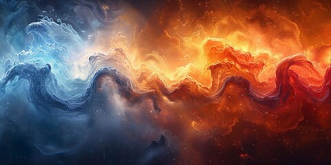 Poster - Dynamic Abstract Digital Artwork with Swirling Blue and Orange Colors, Cosmic Energy and Fluid Movement
