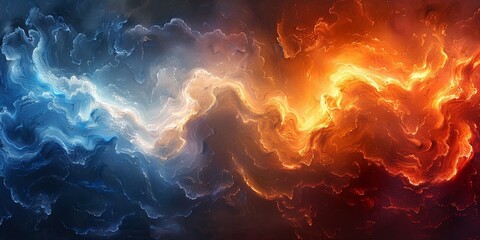 Poster - Dynamic Abstract Digital Artwork with Swirling Blue and Orange Colors, Cosmic Energy and Fluid Movement
