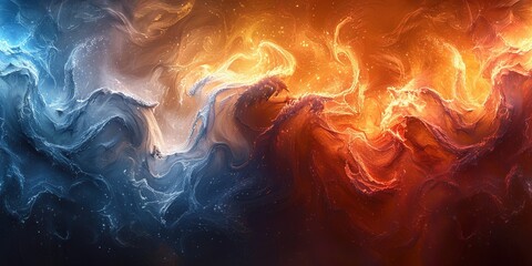 Poster - Dynamic Abstract Digital Artwork with Swirling Blue and Orange Colors, Cosmic Energy and Fluid Movement