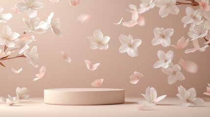 Poster - Soft cherry blossom petals float gently in the air, surrounding a circular pedestal. The serene and clean backdrop enhances the beauty of nature, inviting creative displays, Mocha Mousse 