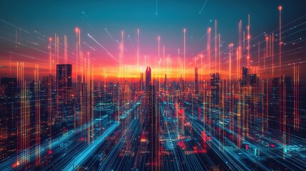 Poster - Futuristic city skyline, digital lights, sunset colors, vibrant neon hues, technological landscape, urban design, high tech architecture, glowing skyscrapers, colorful atmosphere, modern cityscape, 8k