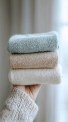 Poster - Delicate hands clutch a stack of three soft, light blue and beige textiles, bathed in natural light filtering through a nearby window, evoking warmth and comfort