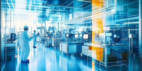 Poster - A modern electronics manufacturing plant with cleanrooms, precision equipment, and technicians assembling intricate electronic devices. Generative AI