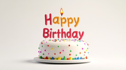 Fototapete - 3D white birthday cake with a happy birthday candle with a colorful sprinkle on a white background