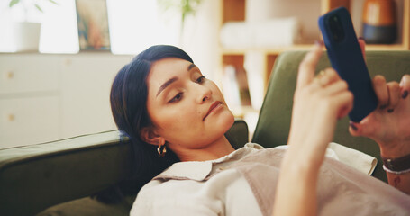Aufkleber - Relax, phone and digital with woman on sofa for streaming, social media and networking app. Connection, online news and internet with person in living room at home for mobile, web and communication
