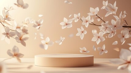 Poster - Soft, pale flowers gently float in midair, creating a tranquil atmosphere around a simple, elegant Mocha display platform. The muted background enhances the beauty of the blossoms, inviting creativity