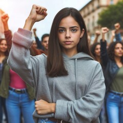 young woman in a determined mood raising her fist during a protest with a crowd in the background