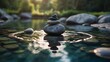 Balanced stones resting above calm rippling water in a peaceful scene.