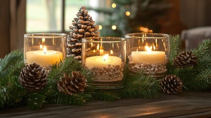 Poster - A beautifully arranged Christmas table with lit candles, pinecones, and holiday decorations, creating a warm, festive mood for the season