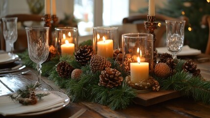 Poster - A beautifully arranged Christmas table with lit candles, pinecones, and holiday decorations, creating a warm, festive mood for the season