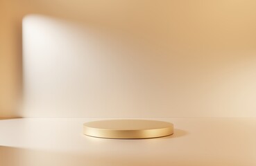 Gold empty podium or pedestal for product presentation. Round mockup platform on gold background. 3D render