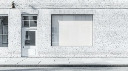 Poster - A blank shop window on a white brick building, with an open sidewalk, providing the perfect backdrop for a retail space or storefront design