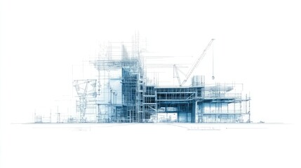 Poster - A blueprint-style representation of a building under construction, with structural elements and tools placed against a pure white background
