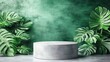 © Panuwat - Round concrete table center room green wall background Tropical