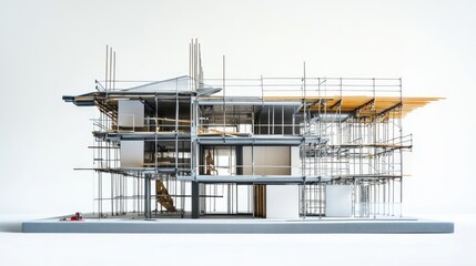 Poster - A building under construction with scaffolding and construction materials on a white background, highlighting the framework and ongoing work