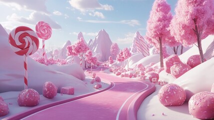 Poster - A candy land fantasy in pink and white, with a road paved in lollipops and sweet treats filling the whimsical landscape