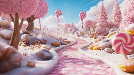 Poster - A candy land fantasy in pink and white, with a road paved in lollipops and sweet treats filling the whimsical landscape