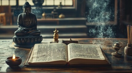 Poster - A calm scene of an open Tripitaka manuscript with Pali text, incense burning gently, and a Buddha statue, creating a serene and meditative atmosphere