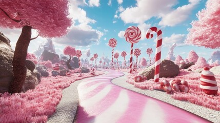 Poster - A candy land fantasy in pink and white, with a road paved in lollipops and sweet treats filling the whimsical landscape