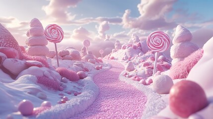 Poster - A candy land fantasy in pink and white, with a road paved in lollipops and sweet treats filling the whimsical landscape