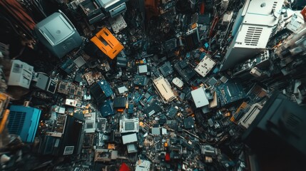Poster - A chaotic collection of electronic waste, including circuit boards, microchips, and various discarded tech components, stacked together in a cluttered pile