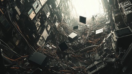 Aufkleber - A chaotic scene of discarded electronic components, with tangled wires and malfunctioning circuit boards strewn across a recycling facility
