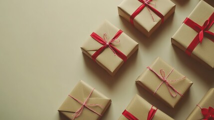 Brown gift boxes tied with ribbons,paper craft gift boxes,Boxing Day concept, DIY gifts,wrapping holiday paper,delivering gifts box with tag concept,copy space.